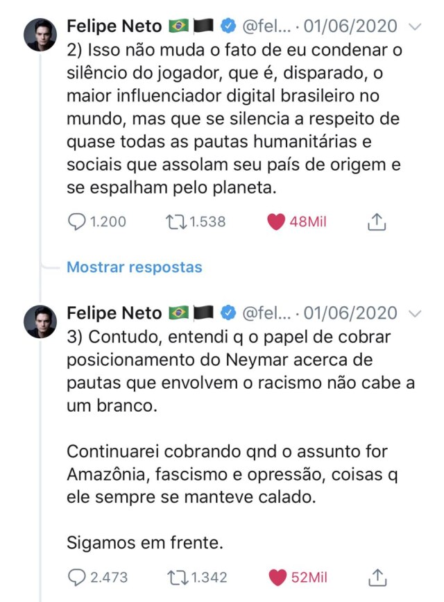 Twitter/@felipeneto Felipe Neto argumentou que não tem lugar de fala quando o assunto é racismo