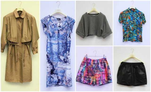 Divulgação Algumas peças disponíveis para aluguel na loja: casaco caramelo, 50 pontos; vestido estampado, 100 pontos; top texturizado, 50 pontos; shorts estampado, 50 pontos; camisa florida vintage, 50 pontos; short preto de couro fake, 75 pontos