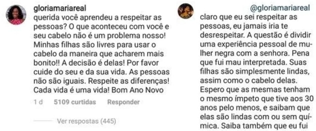 Instagram/@gloriamariareal A jornalista Gloria Maria rebate seguidora no Instagram.