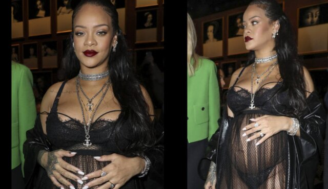 Vianney Le Caer/Invision/AP Rihanna apostou em um visual com jaqueta preta, tanga e baby doll transparente