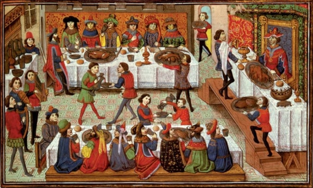 Lauros Giraudon|Divulgação À mesa. Ilustrações retratam hábitos alimentares da Europa medieval