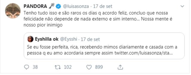 Twitter/@luisasonza Tuíte de Luísa Sonza preocupo amigos e fãs.