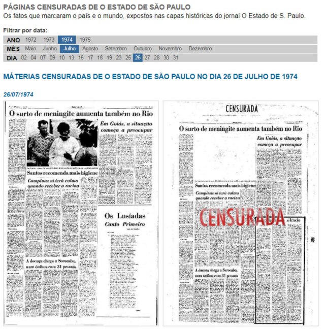 Acervo/Estadão Na seção Páginas Censuradas é possível navegar pelas páginas proibidas pelos censores da ditadura militar