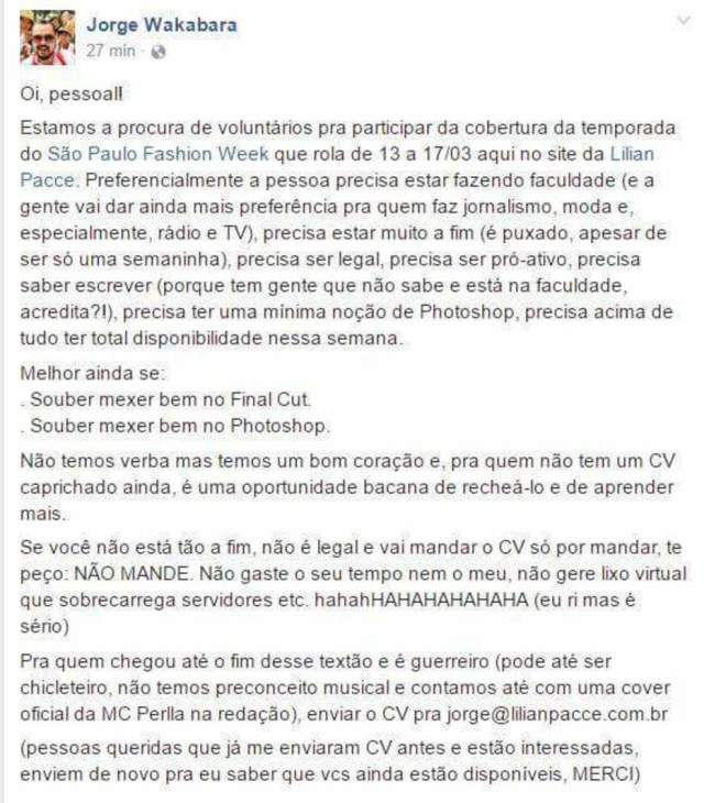 Facebook Jorge Wakabara O post de Jorge Wakabara causou polêmica das redes sociais.