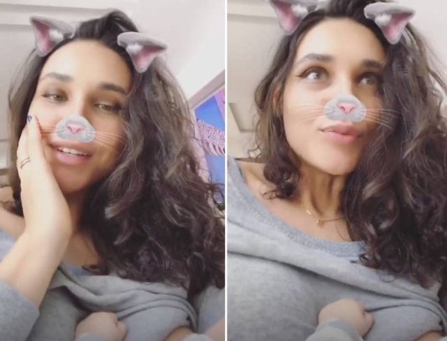 Instagram / @debranascimento Débora Nascimento falou sobre os três meses da filha, Bella, em seu Stories; a atriz gravou o vídeo enquanto amamentava a pequena.