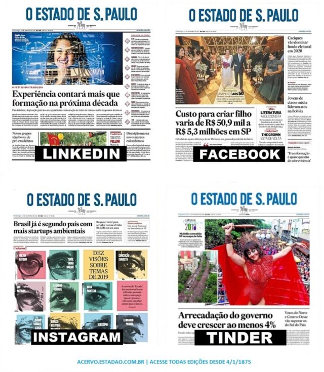 Acervo Estadão Linkedin, Facebook, Instagram e Tinder: acesse todas as edições do Estadão desde 4/1/1875.