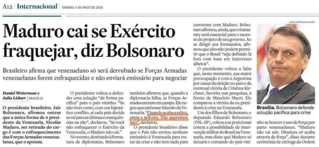 Acervo Estadão Notícia com a frase "Quando acaba a saliva, entra a pólvora" proferida por Bolsonaro durante crise na Venezuela