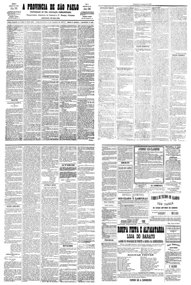 Acervo/Estadão Primeira edição da 'A Provincia de São Paulo', publicada em 4/1/1875