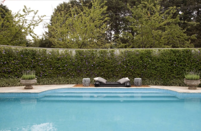 Marcos Antonio/Diulgação Área externa dominada pela piscina, com colchão para descansar