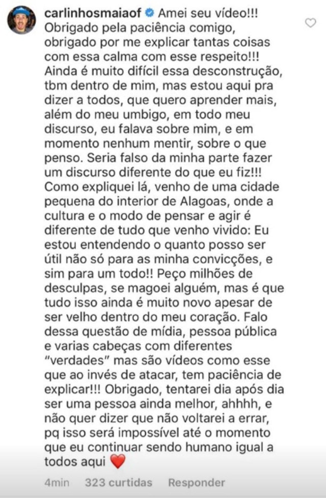 Instagram Stories / @carlinhosmaiaof Resposta de Carlinhos Maia ao vídeo do Quebrando o Tabu.