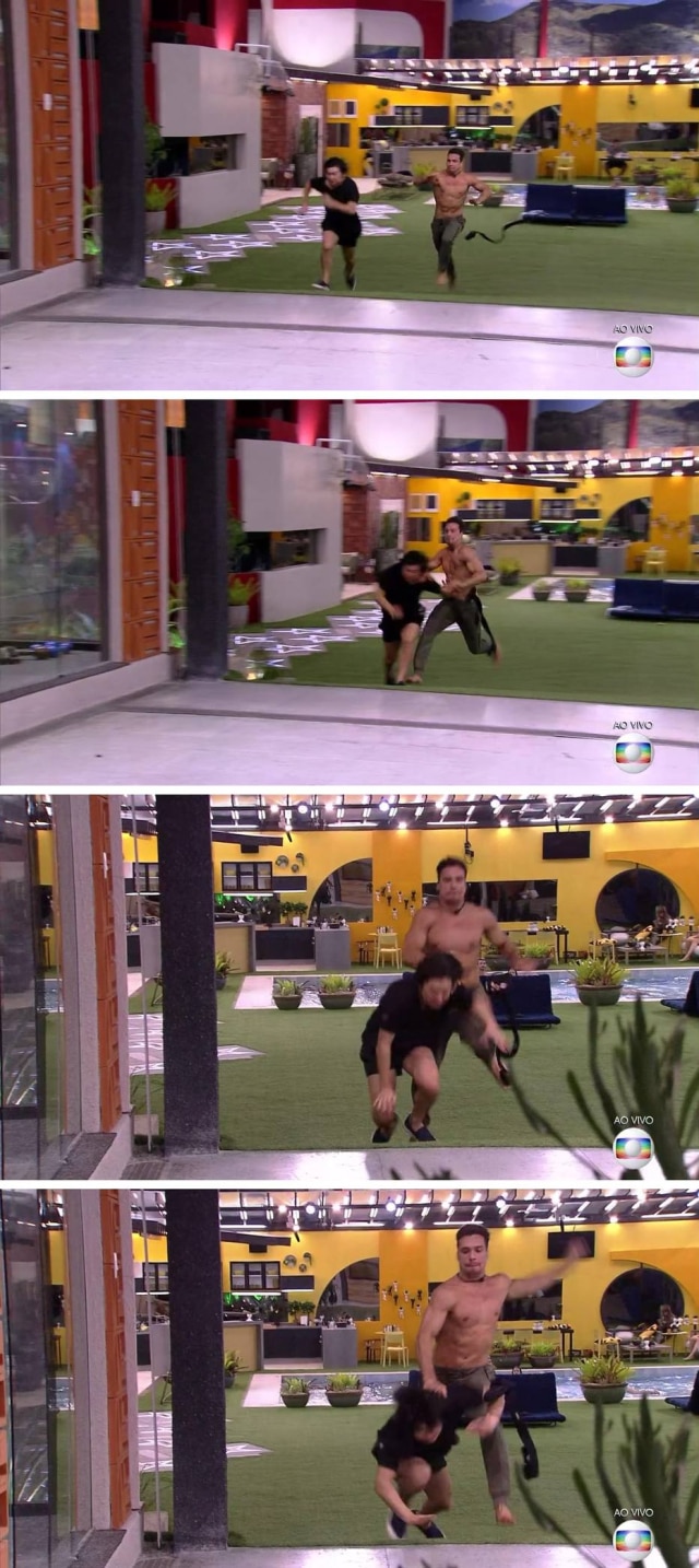 Reprodução de 'BBB 20' (2020) / Globo Momento em que Petrix Barbosa e Pyong Lee se esbarram na disputa para chegar antes ao Big Fone do 'BBB 20'.