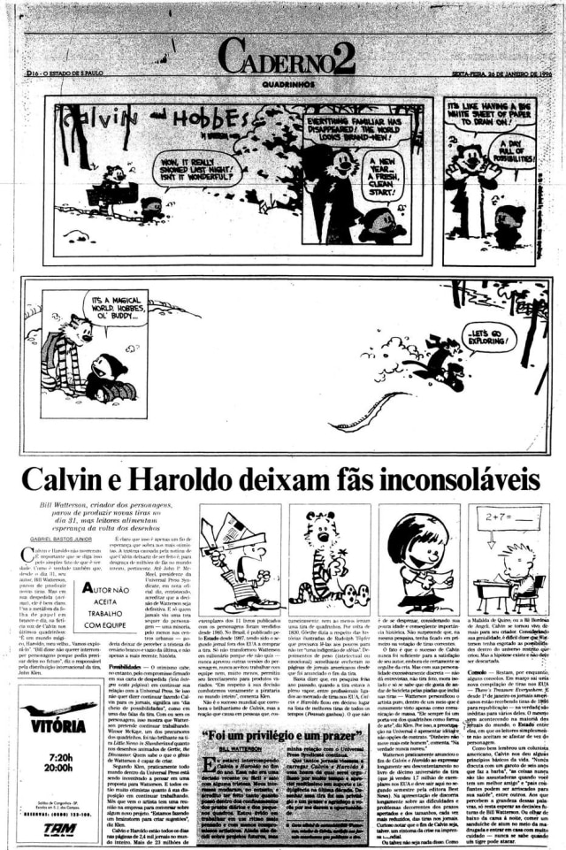 Acervo Estadão Calvin e Haroldo de Bill Watterson se despedem dos leitores em 1995