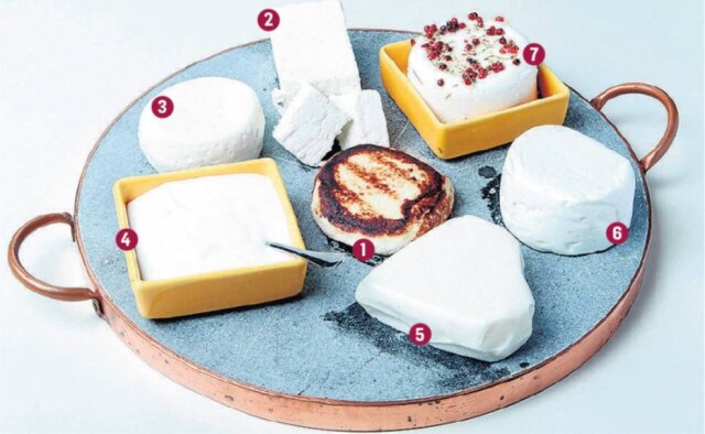 Felipe Rau|Estadão 1. Haloumi defumado; 2. Feta; 3. Haloumi; 4. Coalhada; 5. Chevrotin; 6. Frescal; 7. Boursin