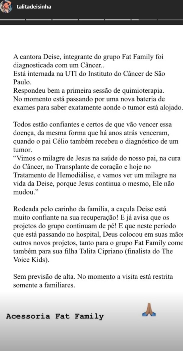 Instagram / @talitadeisinha Comunicado publicado pelos familiares de Deise.