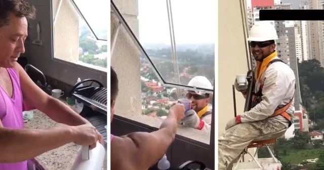 Instagram / @leonardo Cantor Leonardo entrega café para trabalhador no 27º andar de seu prédio.