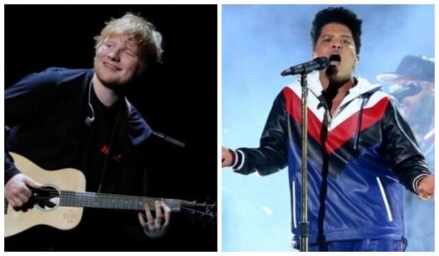 Lucas Jackson/Lucy Nicholson/Reuters Os músicos Ed Sheeran e Bruno Mars.