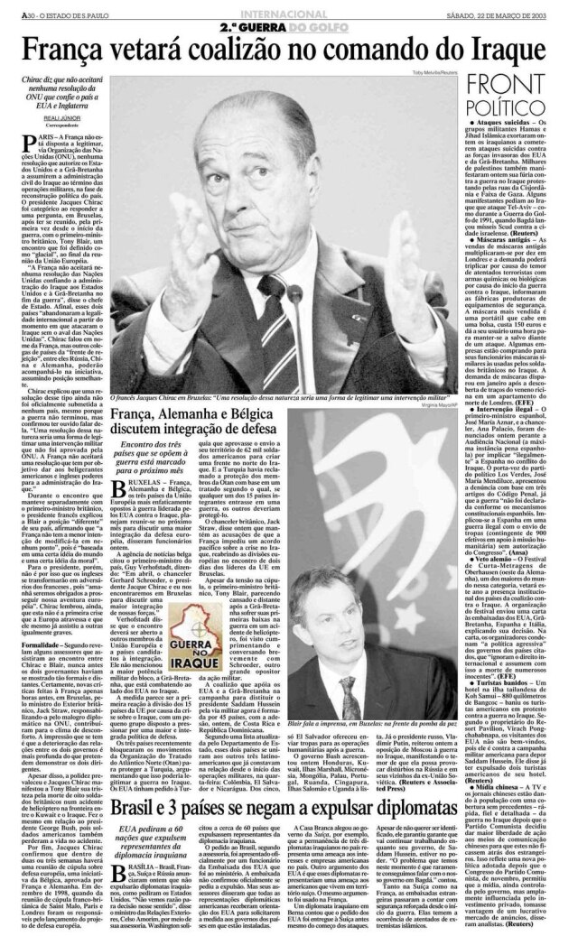 Acervo Estadão Jacques Chirac na edição de 22 de março de 2003.