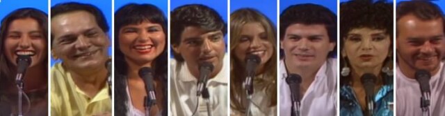 Reprodução de 'Domingão do Faustão' (1989) / Globo Cassia Kis, Lucio Mauro, Rosana, João Kleber, Tassia Camargo, Paulo Ricardo, Lady Francisco, e Paulo César Grande na estreia do 'Domingão do Faustão'.