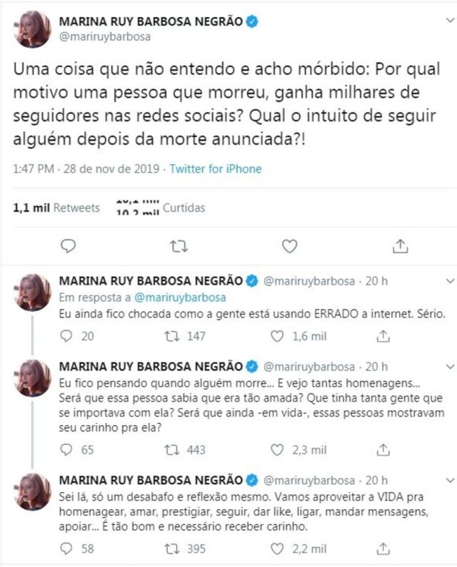 Twitter/@mariruybarbosa Perfil oficial da atriz Marina Ruy Barbosa no Twitter.