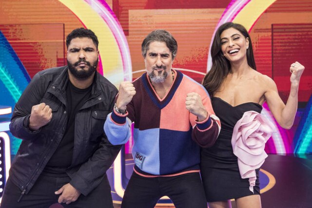 João Cotta/Globo Marcos Mion recebe Juliana Paes e Paulo Vieira no ‘Tem ou não Tem’