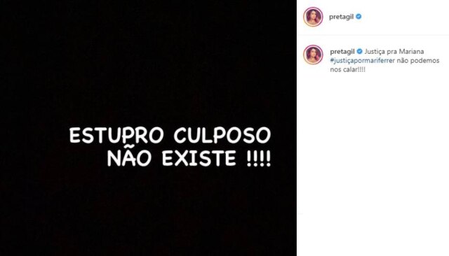Instagram / @pretagil Preta Gil faz publicação criticando decisão de 'estupro culposo' em caso Mariana Ferrer