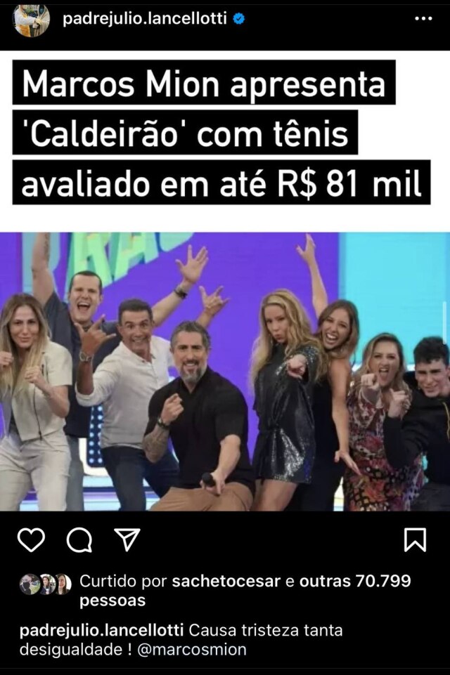 Instagram/@padrejulio.lancellotti Padre Júlio Lancelotti critica Marcos Mion por usar tênis de até R$ 81 mil