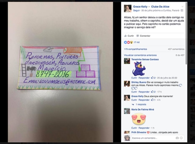 Reprodução/Facebook Postagem no Facebook mostrando o cartão de Maurício.