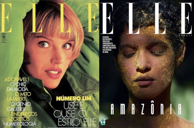 Divulgação/Elle A primeira capa da 'Elle Brasil', em 1988, e a última, em 2018