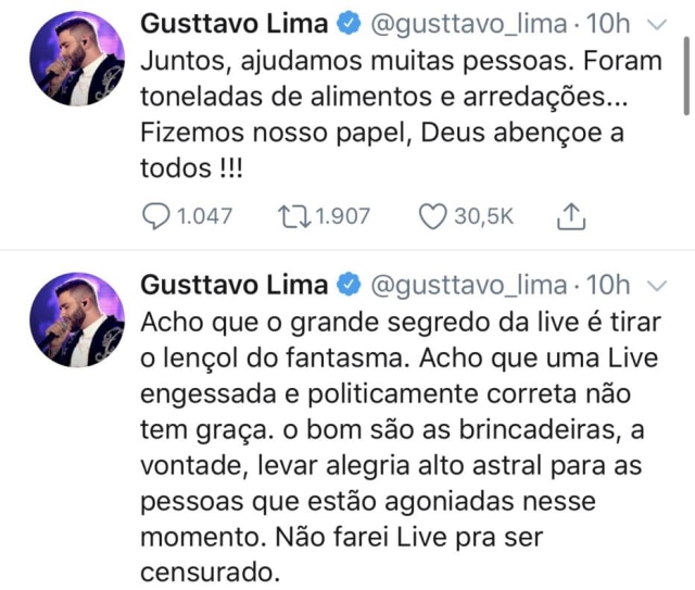 Twitter/gusttavo_lima Gusttavo Lima usou o Twitter para desabafar sobre críticas em relação ao consumo de álcool durante live na quarentena.