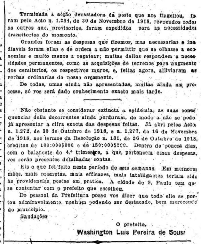 Acervo/Estadão As contas dos esforços contra a epidemia da gripe espanhola foram apresentadas pelo prefeito de Washington Luís à Câmara Municipal e publicadas no Estadão de 08/12/1918. Clique aqui para ver a publicação