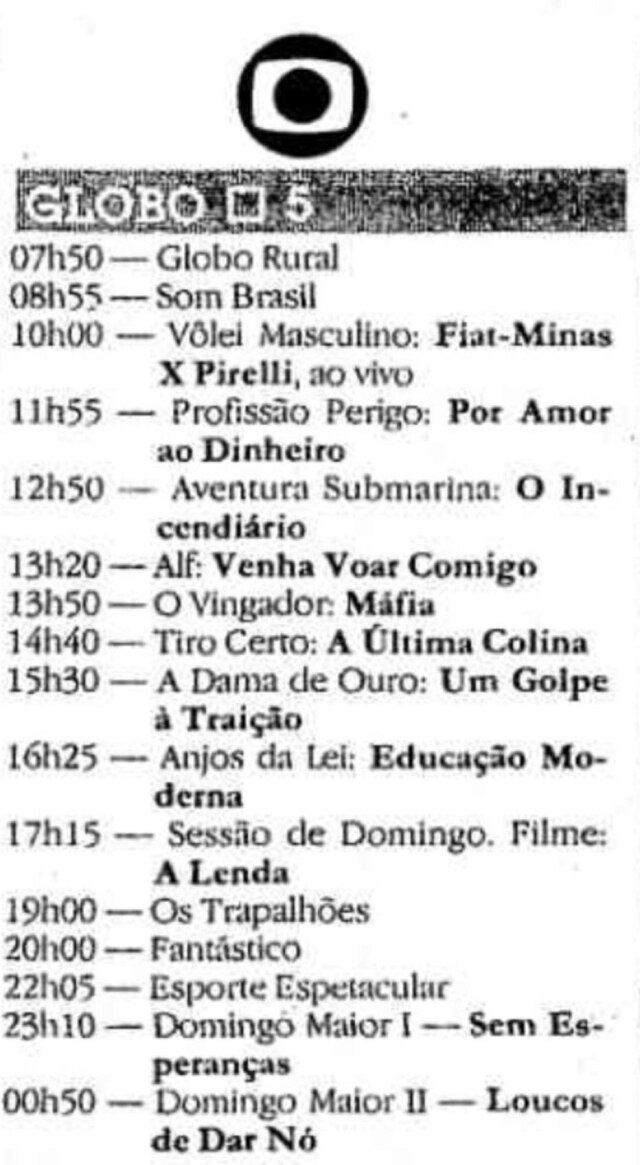 Acervo / Estadão Programação da Globo em 19 de março de 1989, domingo anterior à estreia do 'Domingão do Faustão'.