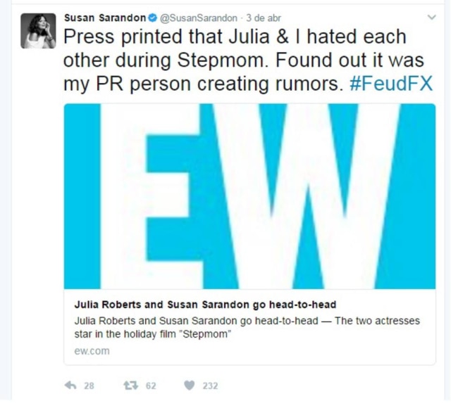 twitter.com/@susansarandon Susan Sarandon retomou o rumor de desentendimento com Julia Roberts quase 20 anos depois.