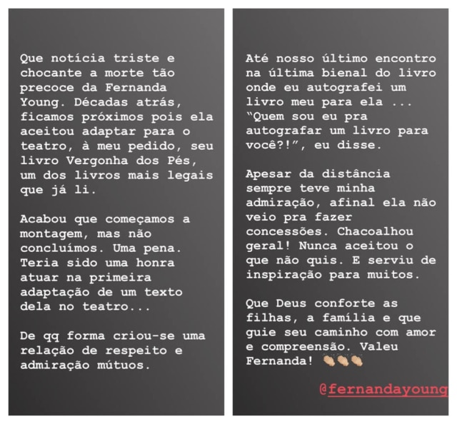 Instagram/@marcosmion Marcos Mion escreve sobre sua relação com Fernanda Young e lamenta a morte da escritora e roteirista.