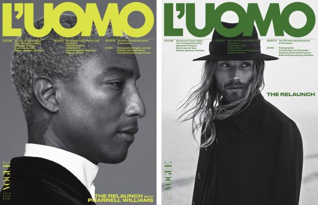 Fotos Brigitte Labombe - Annemarieke Van Drimmelen/ L'Uomo Vogue Duas das cinco capas do relançamento da 'L'Uomo Vogue': Pharrell Williams, fotografado por Brigitte Lacombe, em look Armani; e Aiden Andrews em foto de Annemarieke Van Drimmelen, de Valentino