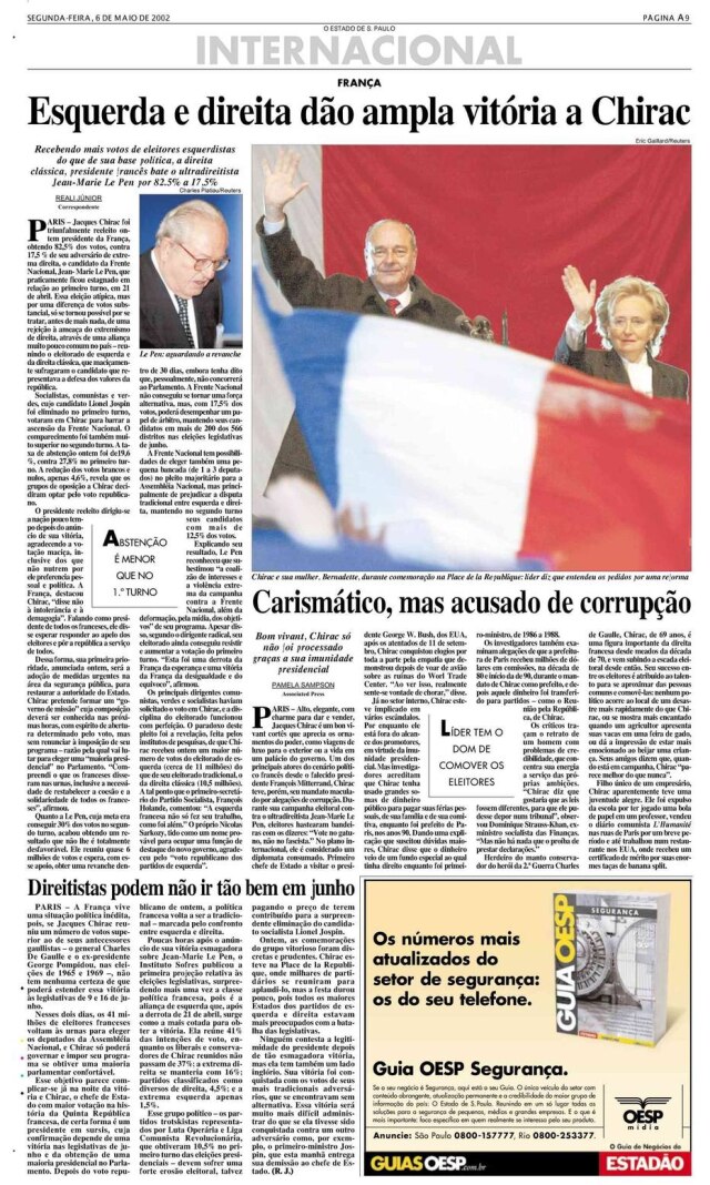 Acervo Estadão Jacques Chirac na edição de 6/5/2002.